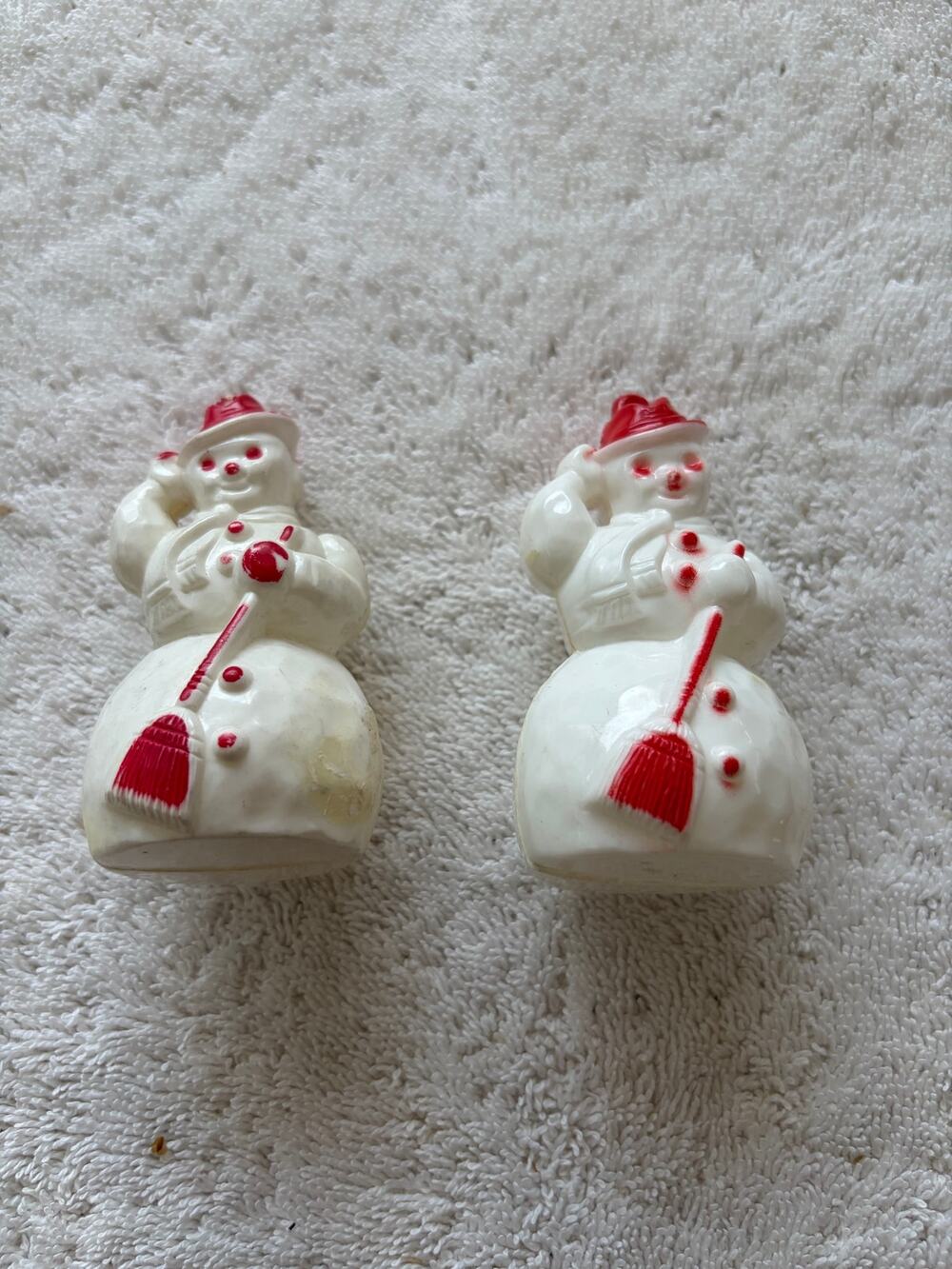 Vintage Rosen Christmas Hard Plastic 3”Snowman Ornament w/Red Hat-Lot of 2